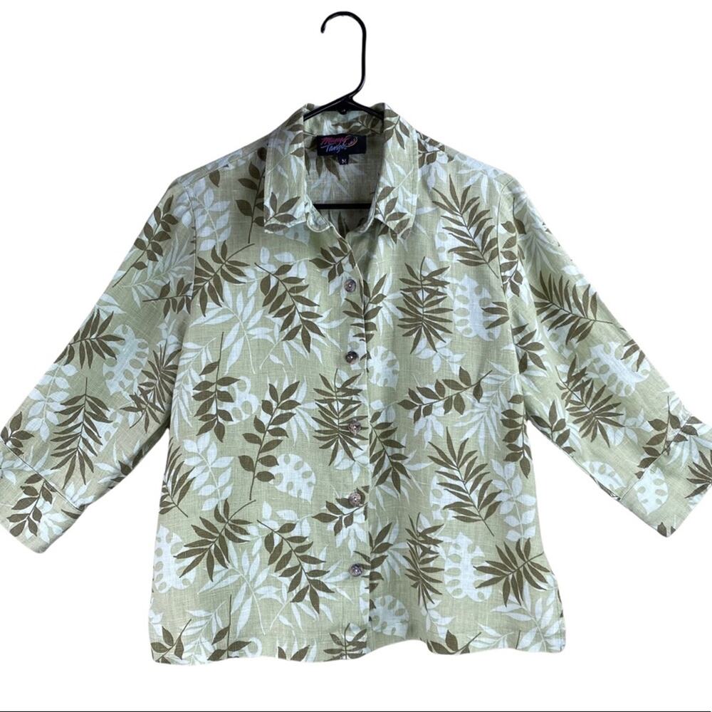 Vintage Mango Tango 100% linen tropical leaf print button front blouse size M